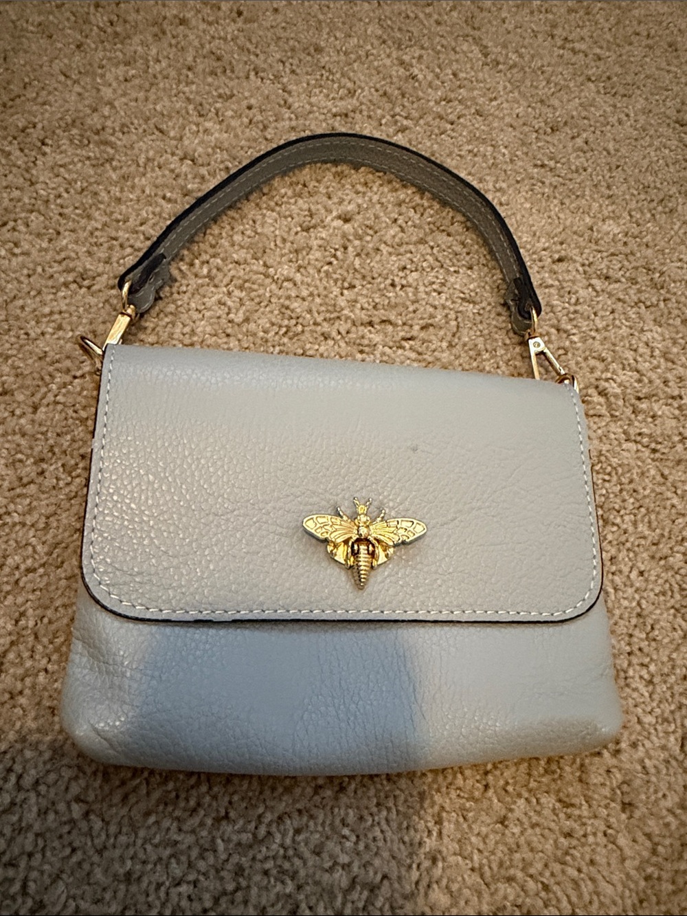 Gray leather Top-Handle Bag with Gold Bee Accent